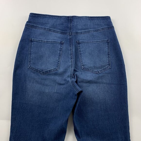 LONG Knox Rose Dark Wash Stretch Denim High Rise Pull On Flare Jeans M - Picture 7 of 7